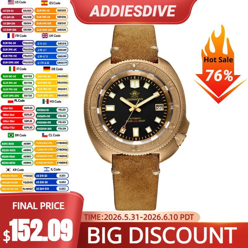 ADDIESDIVE Luxury Men Watch NH35A Mechanical Cusn8 Bronze Sapphire Glass C3 Super Luminous Date 200m Waterproof Wristwatch
ADDIESDIVE Luxury Men Watch NH35A Mechanical Cusn8 Bronze Sapphire Glass C3 Super Luminous Date 200m Waterproof Wristwatch