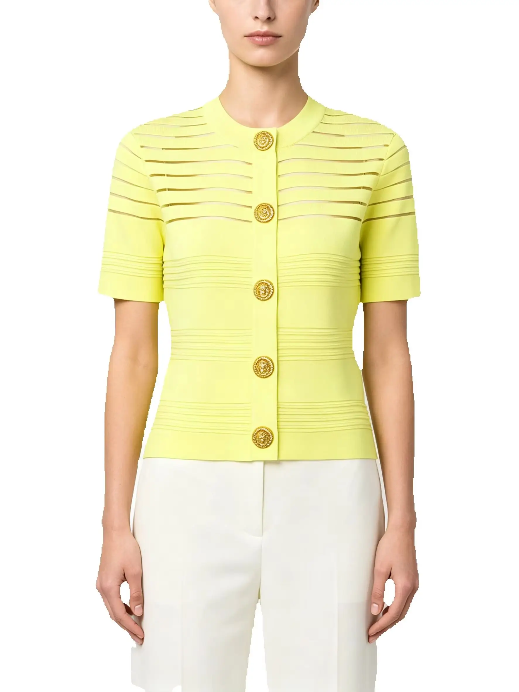 26153 New Women Yellow Striped Sheer Knit Cardigan Short Sleeve Gold Button Decor Blouse Elegant Slim Office Daily Basic Tops
26153 New Women Yellow Striped Sheer Knit Cardigan Short Sleeve Gold Button Decor Blouse Elegant Slim Office Daily Basic Tops