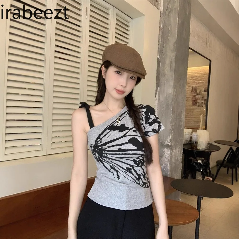 Retro Ink Painting Style Butterfly Print T-shirt for Women Summer Oblique Shoulder Waist Bottoming Suspender Short-sleeved Top
Retro Ink Painting Style Butterfly Print T-shirt for Women Summer Oblique Shoulder Waist Bottoming Suspender Short-sleeved Top