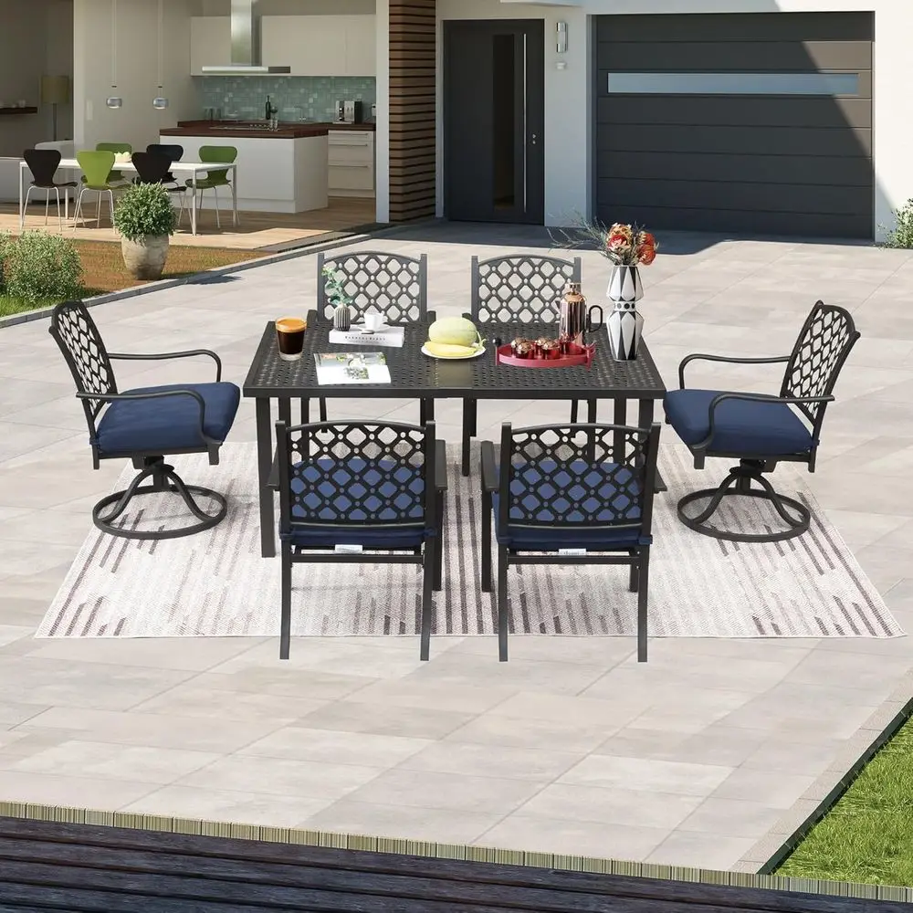 7-Piece Outdoor Patio Dining Set with Metal Table and Swivel Chairs, Navy Blue Cushions Included
7-Piece Outdoor Patio Dining Set with Metal Table and Swivel Chairs, Navy Blue Cushions Included
