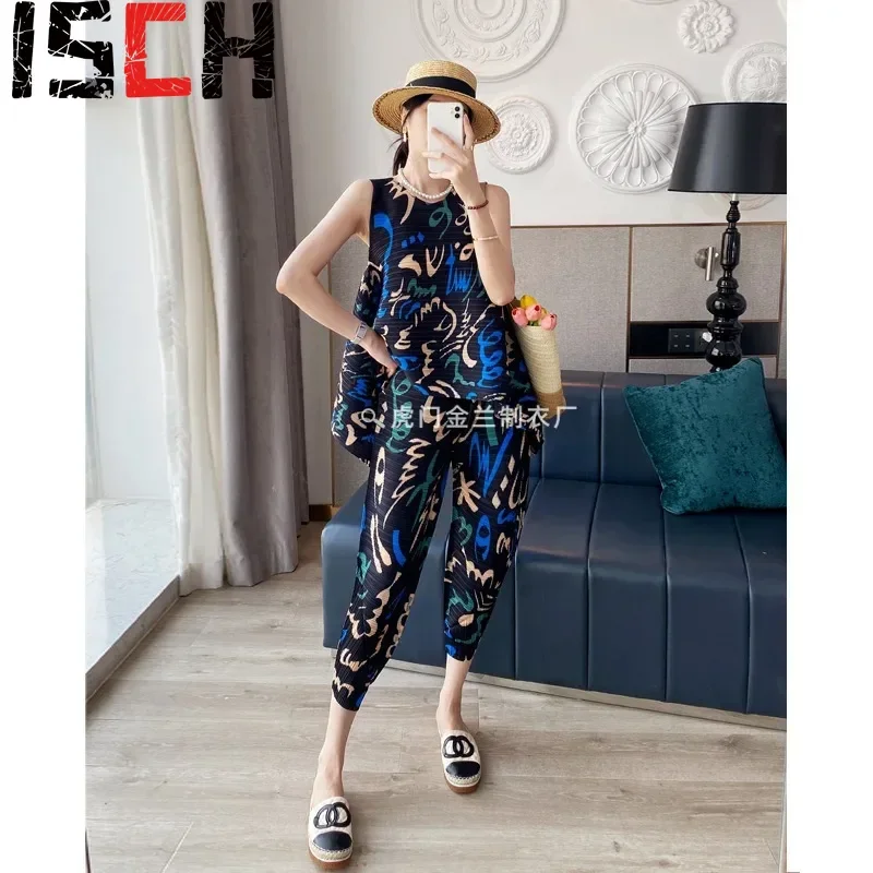 Pleats Pleated Printed Summer New Pants Set Women Pleats Van Class Temperament Undershirt Harlequin Pants Two-piece Set Clothing
Pleats Pleated Printed Summer New Pants Set Women Pleats Van Class Temperament Undershirt Harlequin Pants Two-piece Set Clothing
