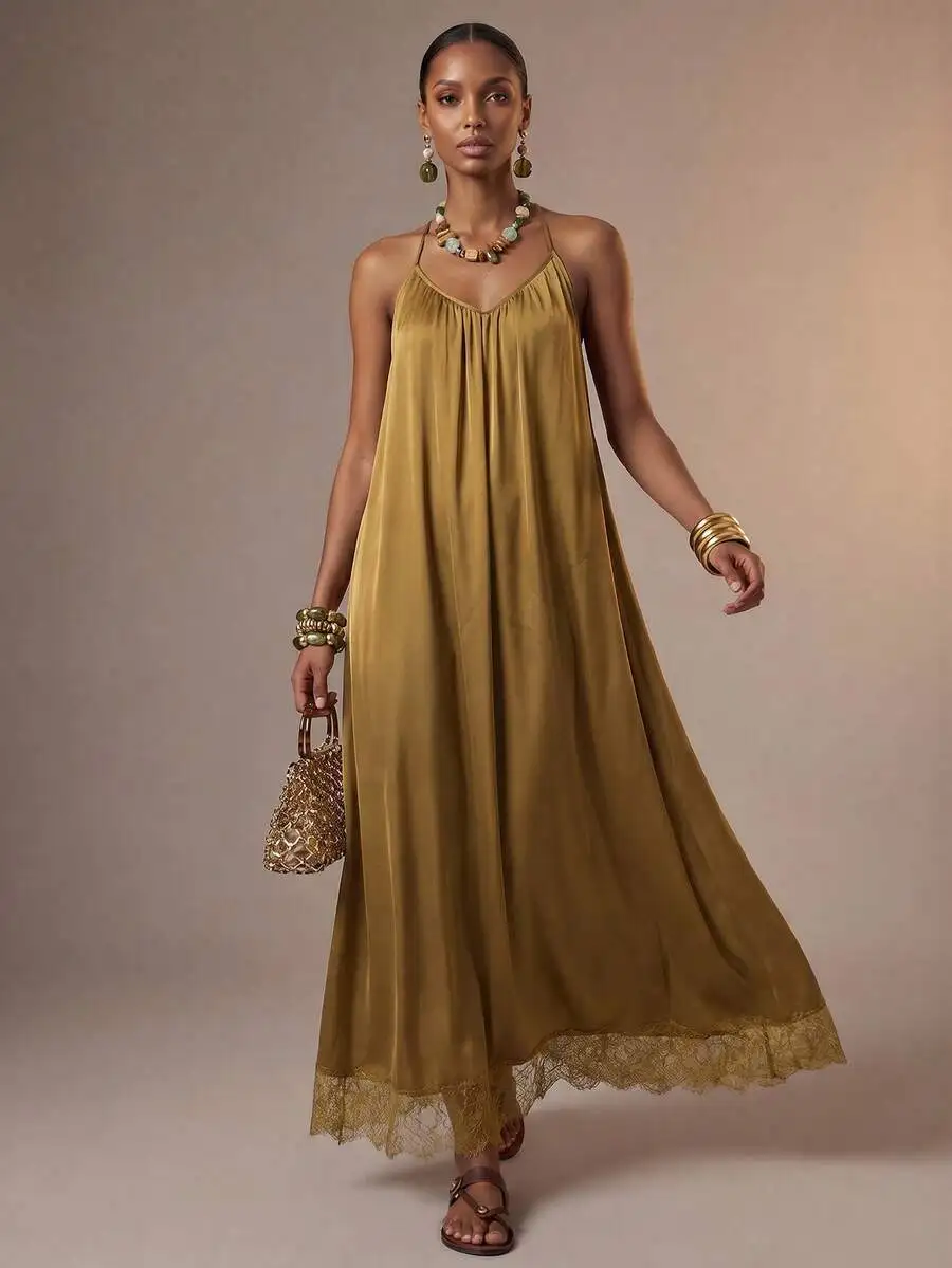 Mustard Yellow Lace Patchwork V-Neck Backless A-Line Maxi Dress For Women
Mustard Yellow Lace Patchwork V-Neck Backless A-Line Maxi Dress For Women