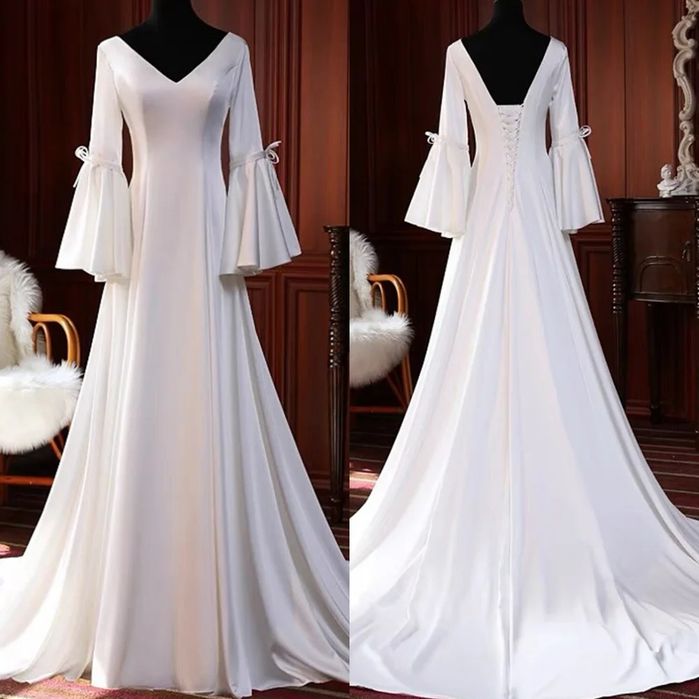 Customized Exquisite White Satin Evening Dress Delicate V-Neck Flare Sleeves Long Sleeves Lace Up Back Special Occasion Gowns
Customized Exquisite White Satin Evening Dress Delicate V-Neck Flare Sleeves Long Sleeves Lace Up Back Special Occasion Gowns