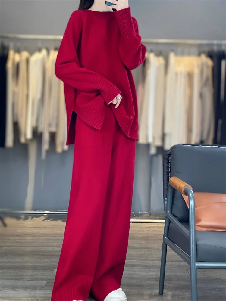 Women's matching set 100% Merino wool round neck sweater casual solid color knitted pants 2-piece set loose women's clothing
Women's matching set 100% Merino wool round neck sweater casual solid color knitted pants 2-piece set loose women's clothing