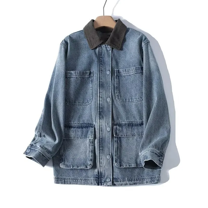 Корейский стиль, осенняя новинка, ретро-гонконгский стиль, контрастный лацкан, карман, свободная джинсовая куртка с длинными рукавами для женщин
Корейский стиль, осенняя новинка, ретро-гонконгский стиль, контрастный лацкан, карман, свободная джинсовая куртка с длинными рукавами для женщин