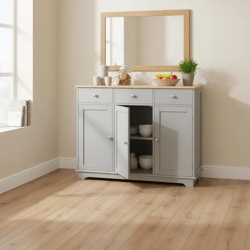 Kitchen Storage Cabinet, Sideboard Floor Cupboard with Solid Wood Top, Adjustable Shelf, and 3 Drawers, Gray
Kitchen Storage Cabinet, Sideboard Floor Cupboard with Solid Wood Top, Adjustable Shelf, and 3 Drawers, Gray
