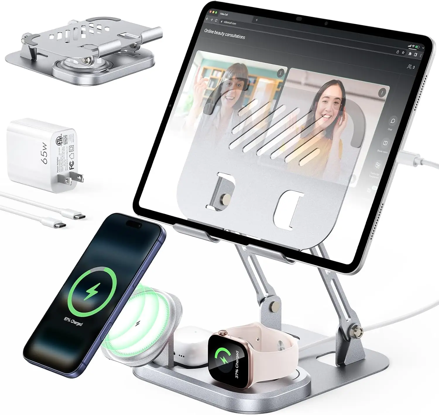 65W 5-in-1 Charging Station for Apple Devices, 30W Fast Wired Charging for iPad, Foldable Wireless Charger for iPhone 17/16, iWatch, AirPods
65W 5-in-1 Charging Station for Apple Devices, 30W Fast Wired Charging for iPad, Foldable Wireless Charger for iPhone 17/16, iWatch, AirPods