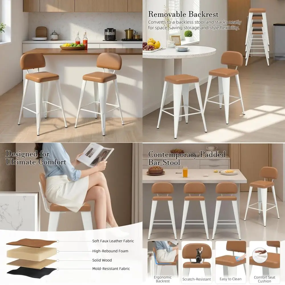 Set of 2 Industrial-Style Upholstered Bar Stools, Counter Height with Removable Back, Brown Seats, White Metal Legs
Set of 2 Industrial-Style Upholstered Bar Stools, Counter Height with Removable Back, Brown Seats, White Metal Legs