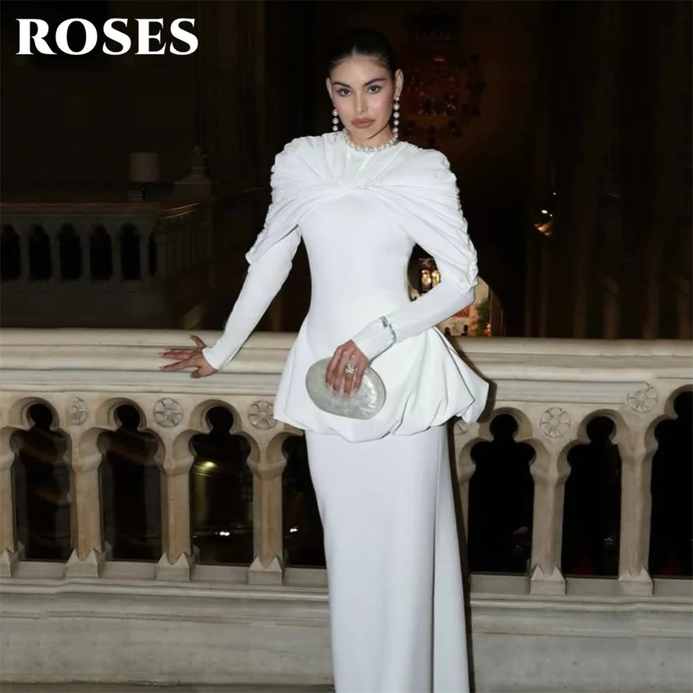ROSES White Satin Evening Dresses Long Sleeve Party Dresses with Ruched Shawl Prom Gown Unique O Neck robes du soir Customized
ROSES White Satin Evening Dresses Long Sleeve Party Dresses with Ruched Shawl Prom Gown Unique O Neck robes du soir Customized