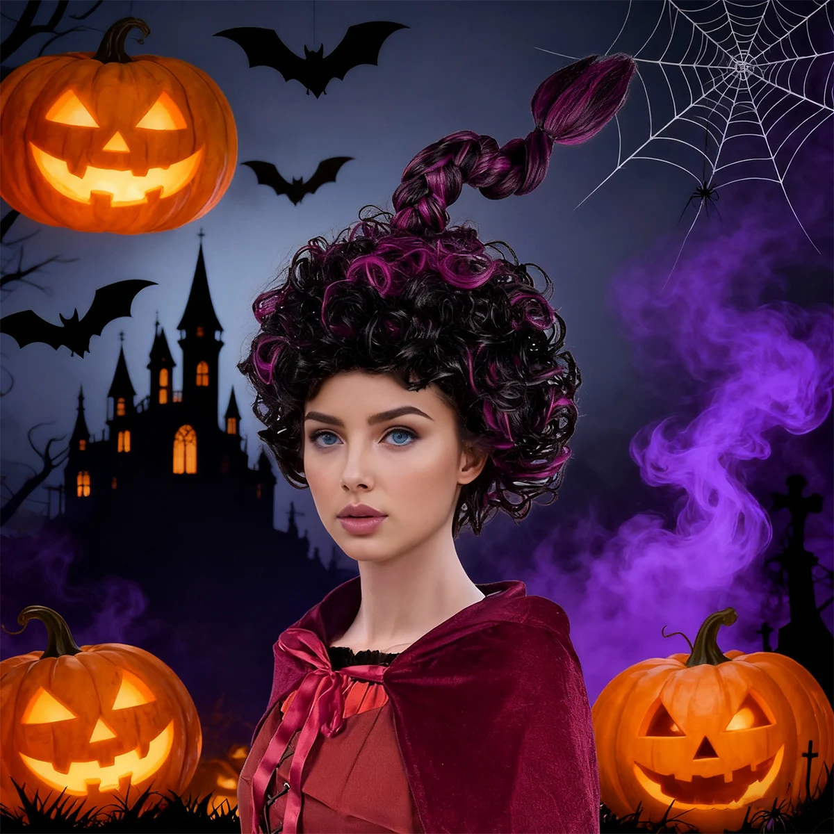 Black Magenta High Braided Curly Synthetic Wig, Witch Character Style for Halloween Cosplay and Movie Themed Party Costume
Black Magenta High Braided Curly Synthetic Wig, Witch Character Style for Halloween Cosplay and Movie Themed Party Costume