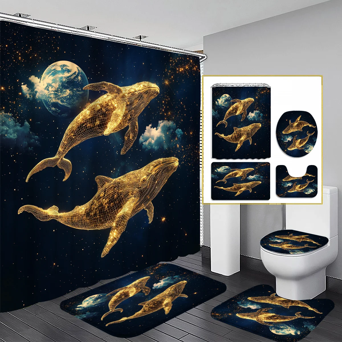 4 шт., набор занавесок для душа с крутым китом и звездным небом Земли, занавески для ванной комнаты, декоративный напольный коврик для ванной комнаты
4 шт., набор занавесок для душа с крутым китом и звездным небом Земли, занавески для ванной комнаты, декоративный напольный коврик для ванной комнаты