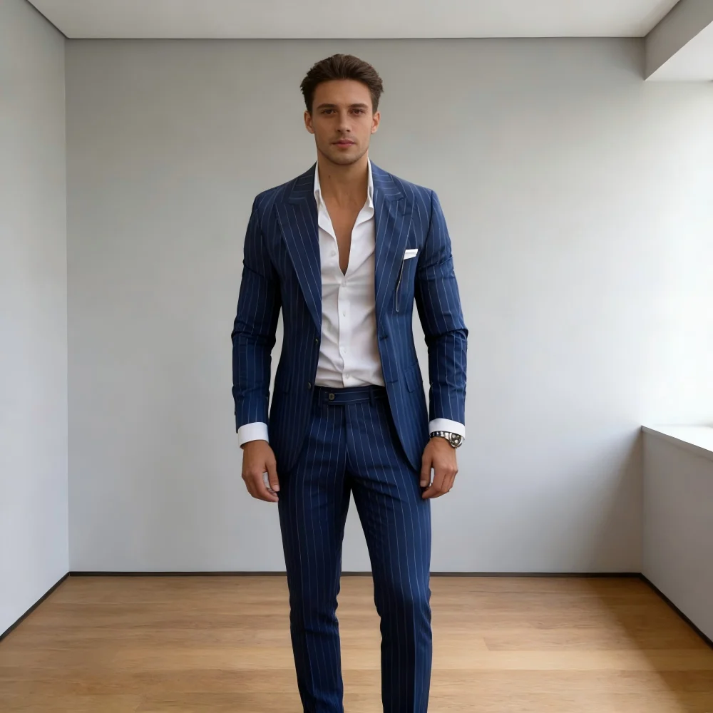 Slim Fit Pinstripe Smoking Suit for Men Peaked Lapel Tuxedo 2-Piece Blazer And Pants Wedding Groomsmen Formal Wear
Slim Fit Pinstripe Smoking Suit for Men Peaked Lapel Tuxedo 2-Piece Blazer And Pants Wedding Groomsmen Formal Wear
