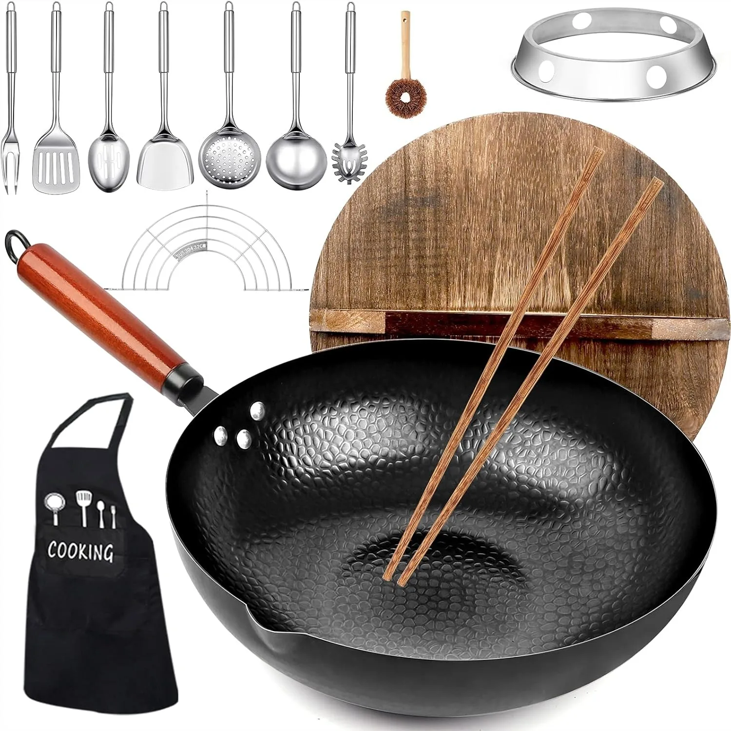 14 Piece Carbon Steel Wok Pan Set with Wooden Lid, Flat Bottom for Induction, Electric, Gas & Halogen Stoves - 12.6''
14 Piece Carbon Steel Wok Pan Set with Wooden Lid, Flat Bottom for Induction, Electric, Gas & Halogen Stoves - 12.6''