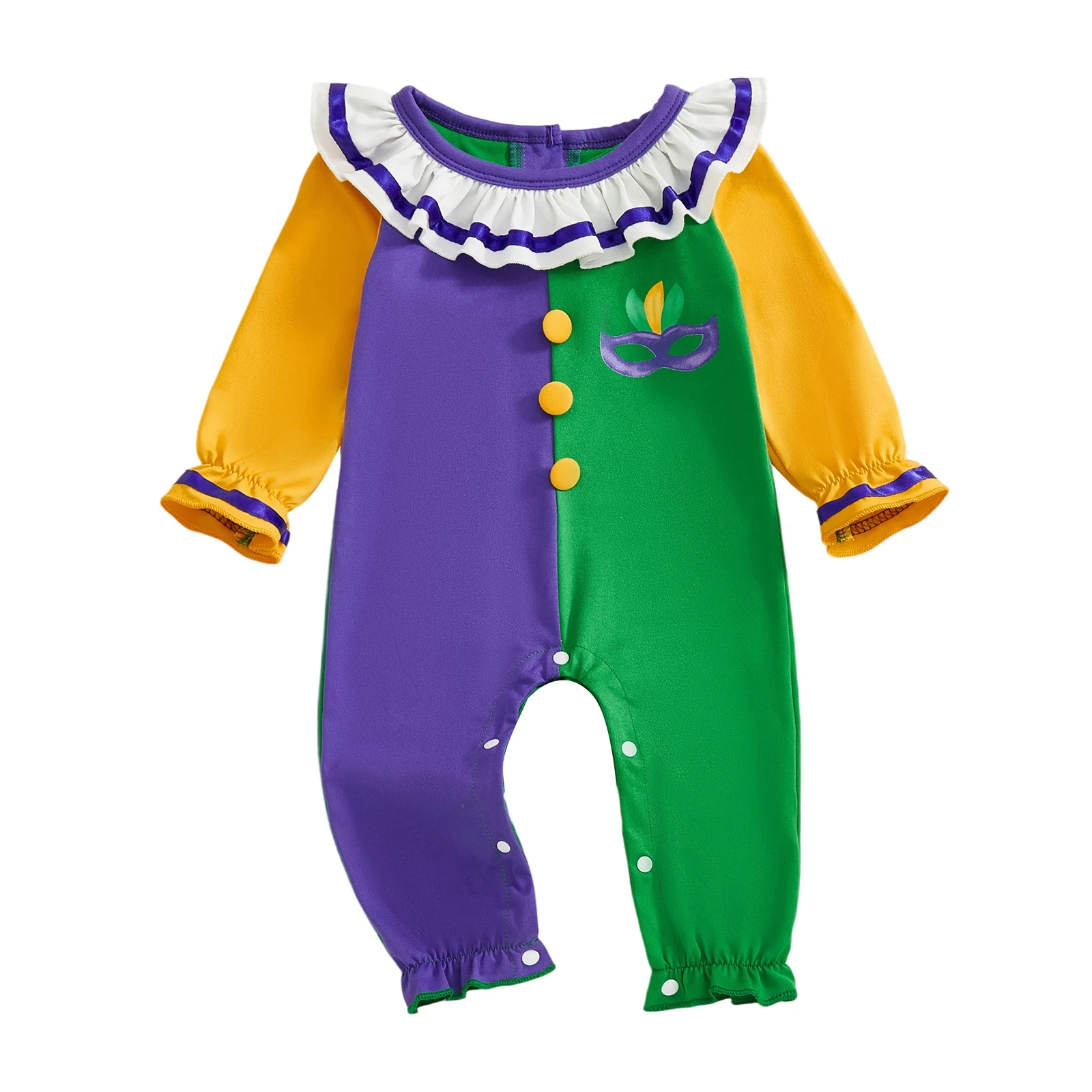 SUNSIOM Baby Mardi Gras Themed Romper Contrast Color Ruffled Neckline Long Sleeve Facewear Print Jumpsuit
SUNSIOM Baby Mardi Gras Themed Romper Contrast Color Ruffled Neckline Long Sleeve Facewear Print Jumpsuit