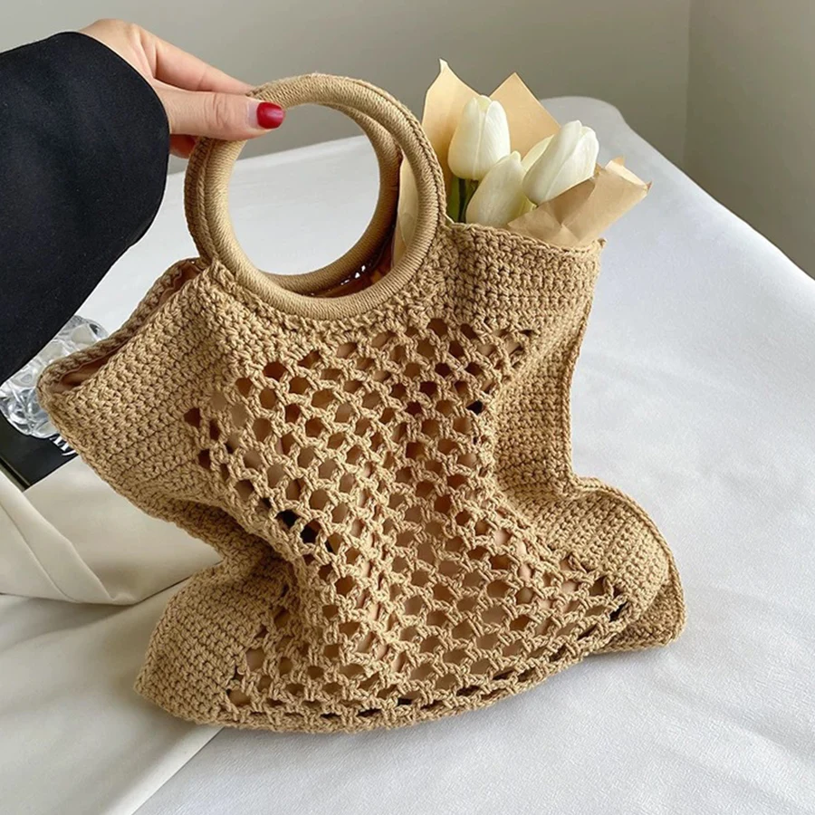 Fashion Vintage Round Handle Solid Color Knitted Hollow Tote Bag Large Capacity Shopping Shoulder Bag Crochet Handbag for Women
Fashion Vintage Round Handle Solid Color Knitted Hollow Tote Bag Large Capacity Shopping Shoulder Bag Crochet Handbag for Women