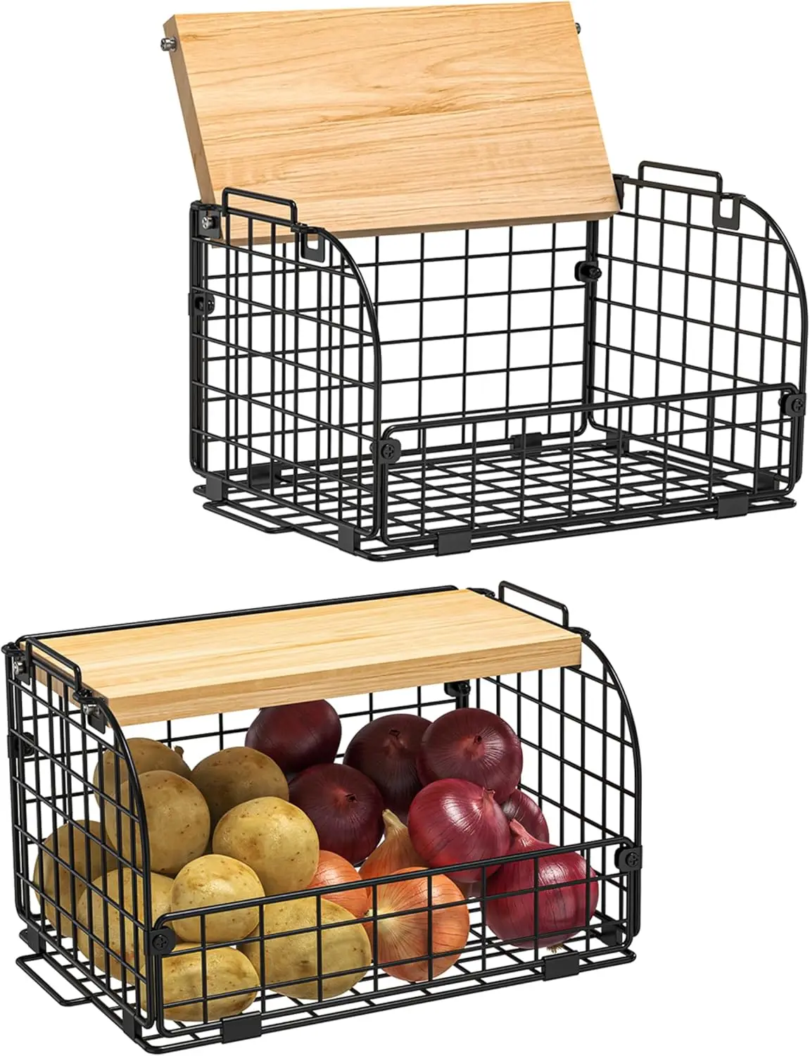 Stackable Wire Baskets with Bamboo Top, Kitchen Pantry Organizer for Fruits Vegetables Storage
Stackable Wire Baskets with Bamboo Top, Kitchen Pantry Organizer for Fruits Vegetables Storage