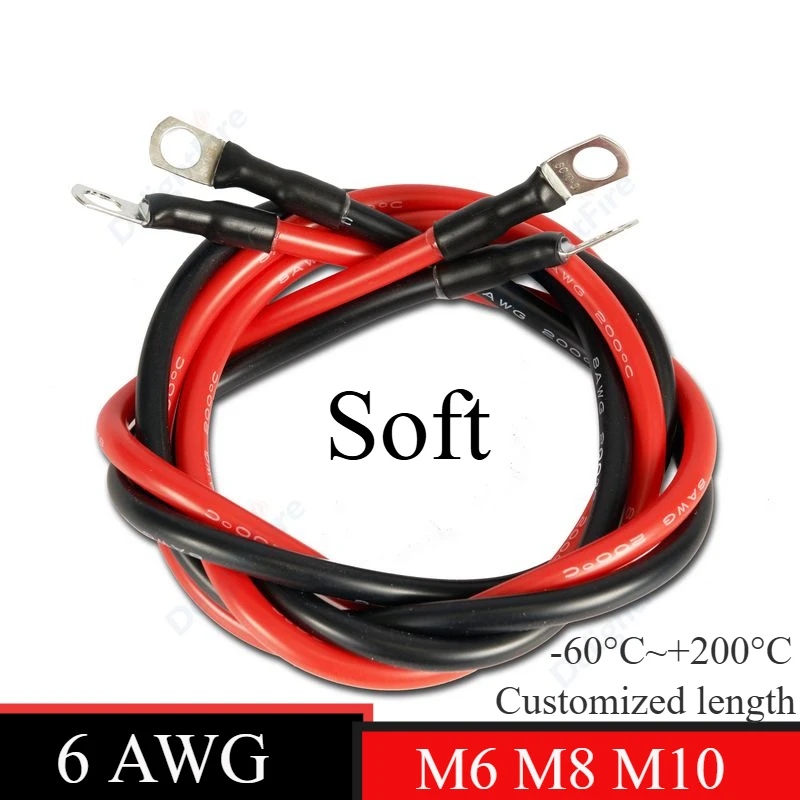 6 AWG Battery Cable with M6 M8 M10 Lugs Soft Silicone Ring Terminals Cable Flexible Power Inverter Wire For Solar Car Marine
6 AWG Battery Cable with M6 M8 M10 Lugs Soft Silicone Ring Terminals Cable Flexible Power Inverter Wire For Solar Car Marine