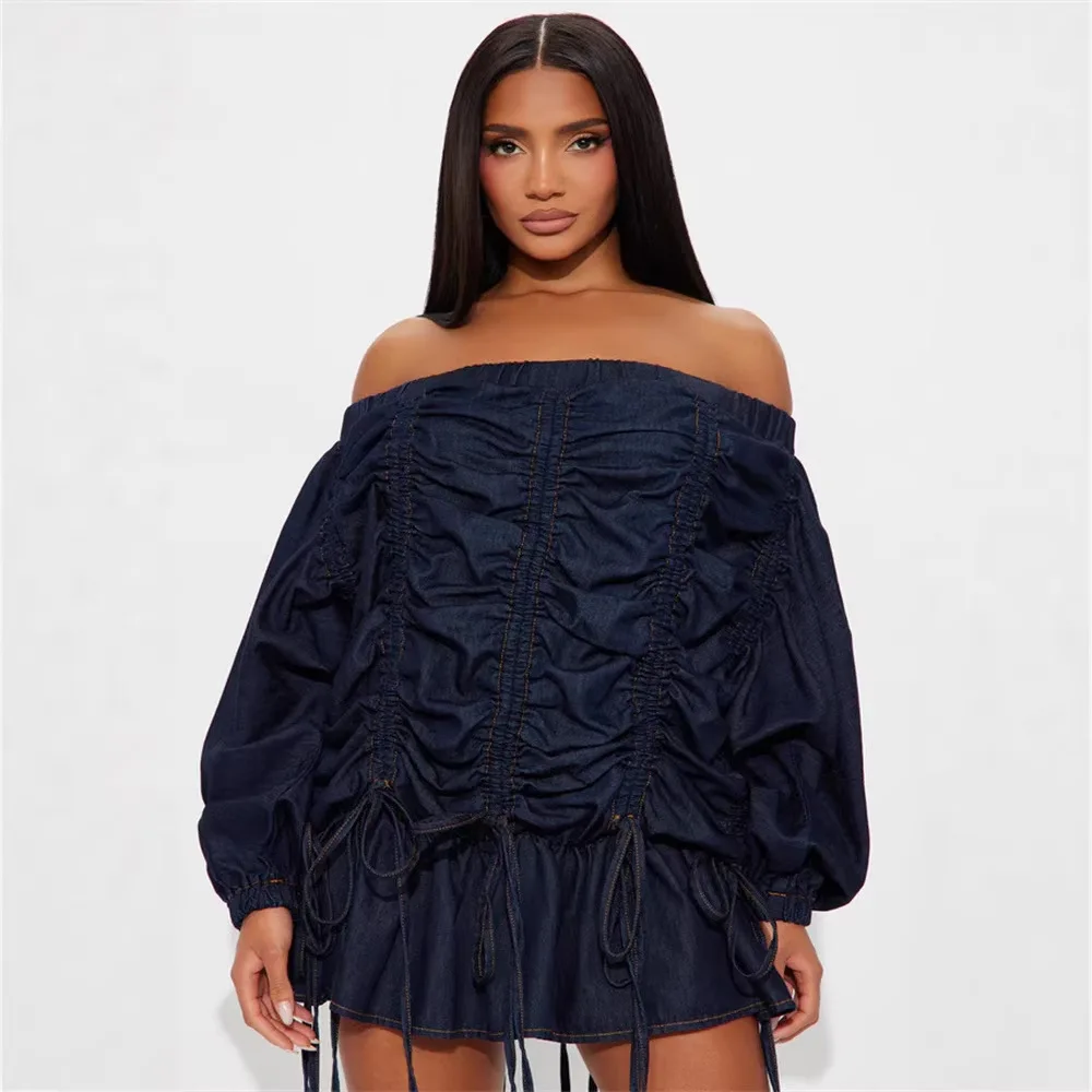Fashion Solid Color Off Shoulder Drawstring Long Sleeve Denim Mini Skirts
Fashion Solid Color Off Shoulder Drawstring Long Sleeve Denim Mini Skirts
