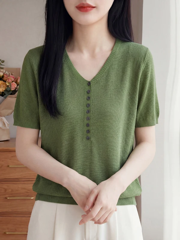 Lysel Silk Soft Short Sleeve Knitted Top V-neck Loose Slimming Skin-friendly Breathable Green Button Decorated Casual Wear
Lysel Silk Soft Short Sleeve Knitted Top V-neck Loose Slimming Skin-friendly Breathable Green Button Decorated Casual Wear