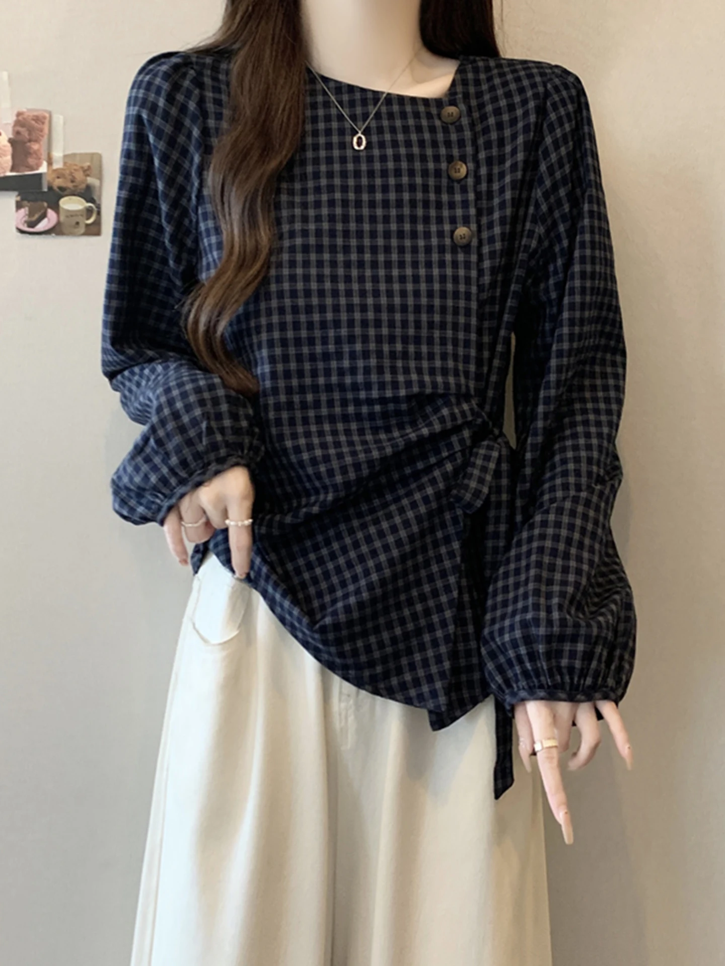 Retro Deep Blue Plaid Long Sve Women's irt Spring plus Size Slimming Belted Waist Top Korean Sle Commute Faion
Retro Deep Blue Plaid Long Sve Women's irt Spring plus Size Slimming Belted Waist Top Korean Sle Commute Faion