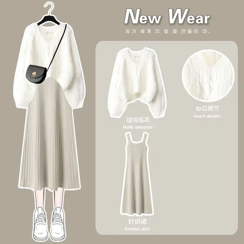 Women's Autumn Winter New Fashion V-Neck Sweater Knitted Dress Two Piece Korean Elegant Top Skirt Matching Set Female Suit T17
Women's Autumn Winter New Fashion V-Neck Sweater Knitted Dress Two Piece Korean Elegant Top Skirt Matching Set Female Suit T17