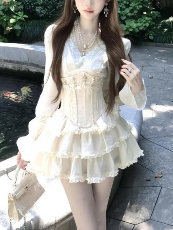 Sweet Lady Fashion Set Women's Long Sleeve Lace Splicing Dress Slimming Waist Belt Two Piece Set Spring Autumn Commute Style
Sweet Lady Fashion Set Women's Long Sleeve Lace Splicing Dress Slimming Waist Belt Two Piece Set Spring Autumn Commute Style