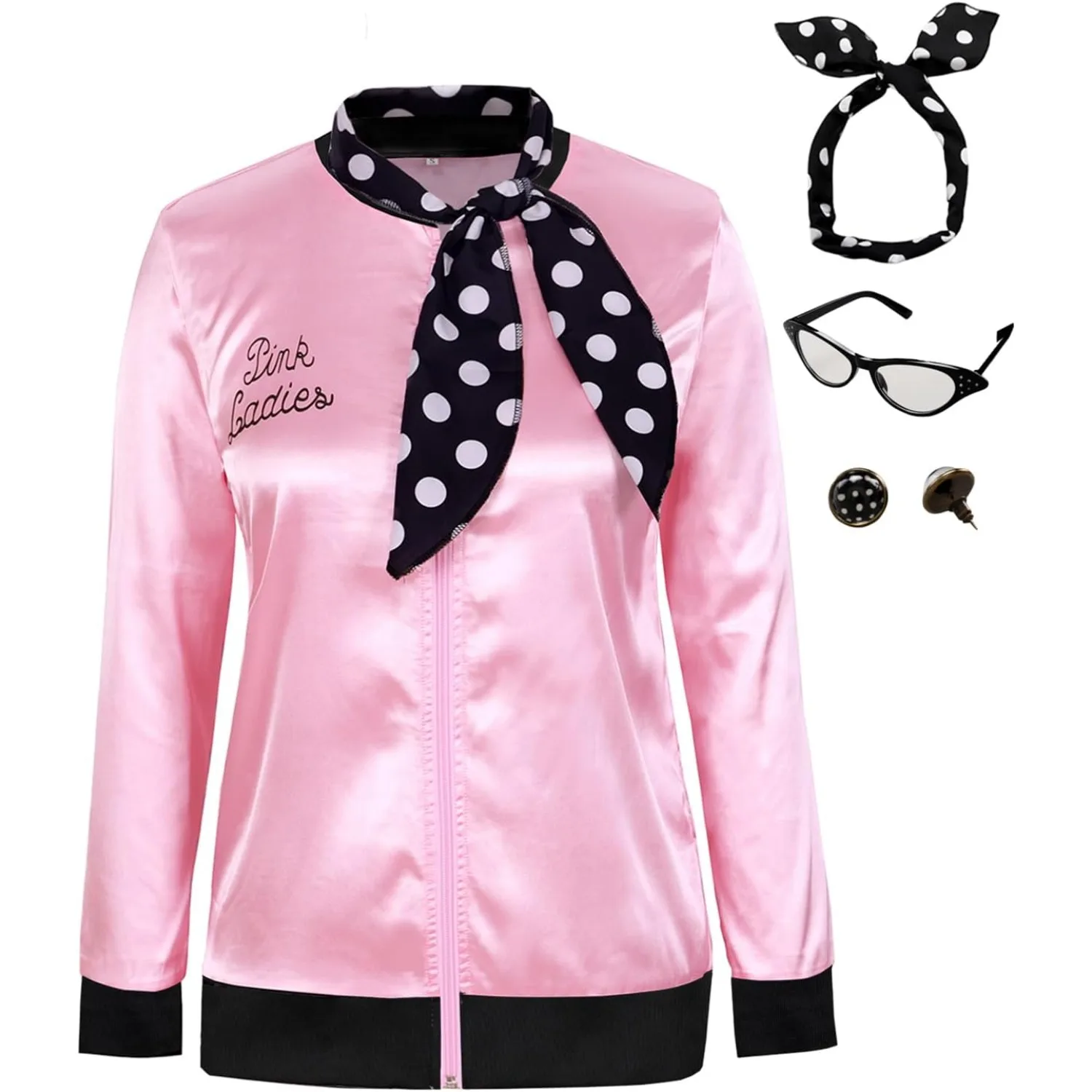 1950s Women Lady Pink Satin Jacket Halloween Retro Jacket Fancy Cheerleader Adult Cosplay Costume Coat with Neck Scarf
1950s Women Lady Pink Satin Jacket Halloween Retro Jacket Fancy Cheerleader Adult Cosplay Costume Coat with Neck Scarf