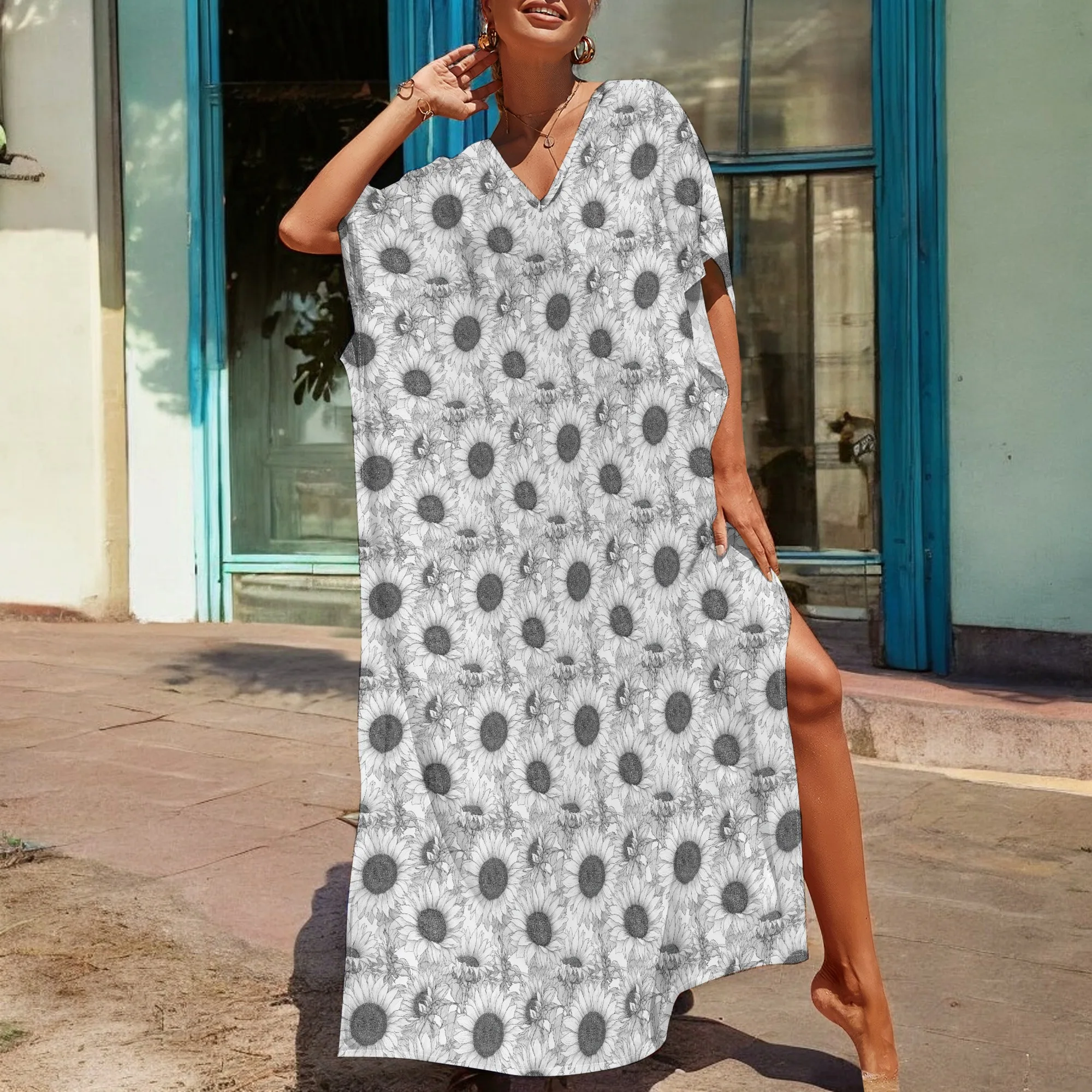 Black White Sunflower Kaftan Dress for Women V-Neck Loose Fit Summer Maxi Dress 2025 Minimal Art Floral Style S-3XL
Black White Sunflower Kaftan Dress for Women V-Neck Loose Fit Summer Maxi Dress 2025 Minimal Art Floral Style S-3XL
