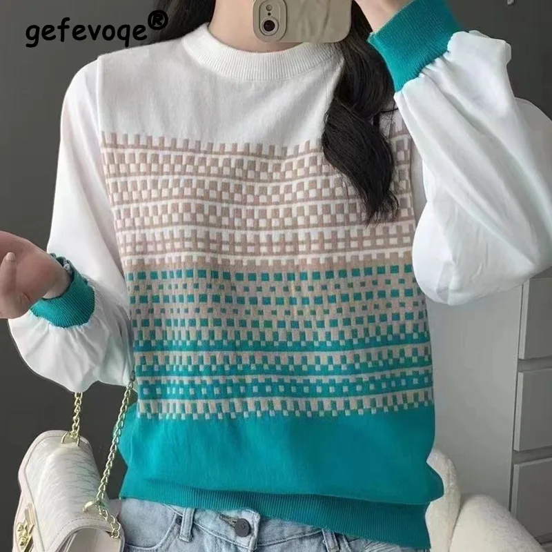 Women Gradient Plaid Chiffon Patchwork Pullover Blouse 2022 Spring Autumn Fashion Thin Knitted Sweater Loose Top Female Clothing
Women Gradient Plaid Chiffon Patchwork Pullover Blouse 2022 Spring Autumn Fashion Thin Knitted Sweater Loose Top Female Clothing