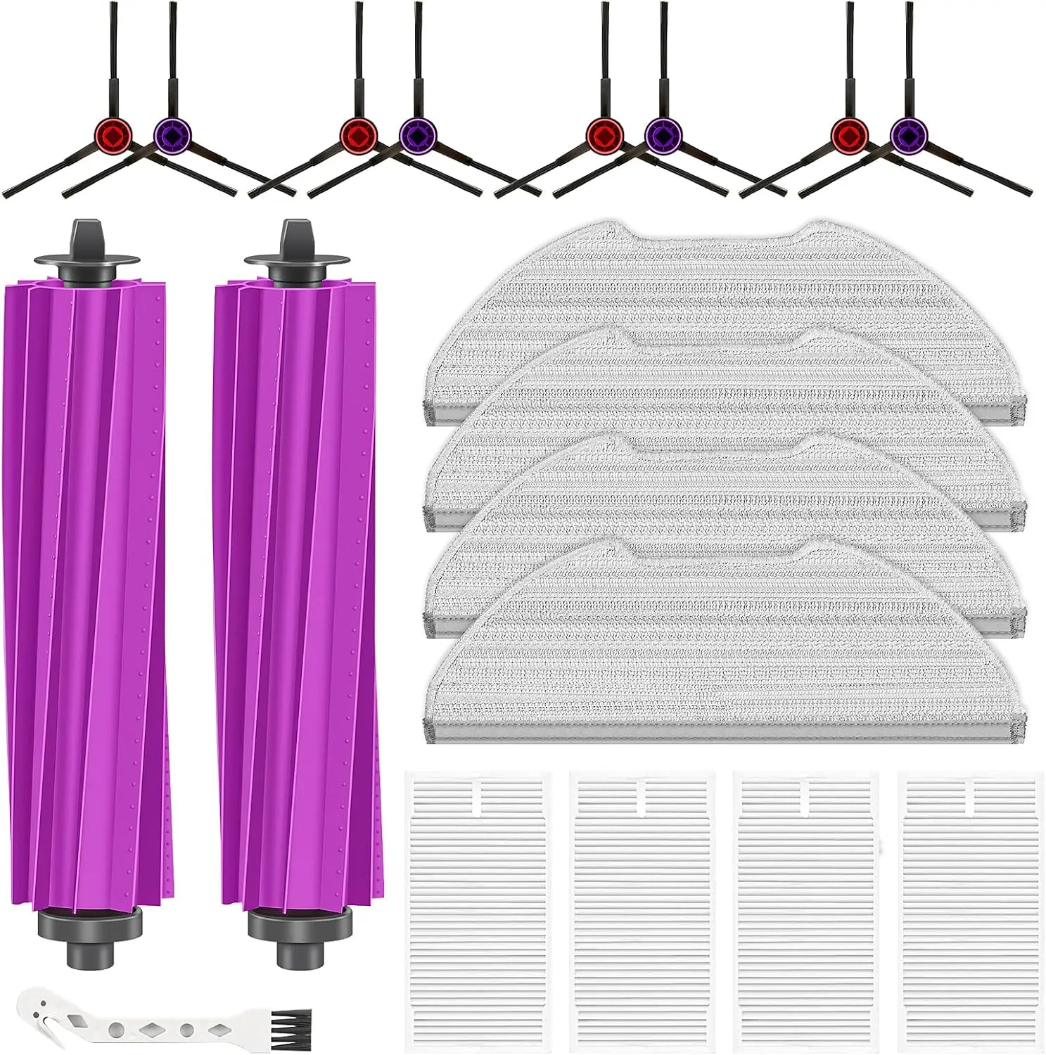 Набор из 19 аксессуаров для робота-пылесоса: 2 роликовые щетки, 8 боковых щеток, 4 HEPA-фильтра, 4 салфетки для влажной уборки и щетка для чистки.
Набор из 19 аксессуаров для робота-пылесоса: 2 роликовые щетки, 8 боковых щеток, 4 HEPA-фильтра, 4 салфетки для влажной уборки и щетка для чистки.