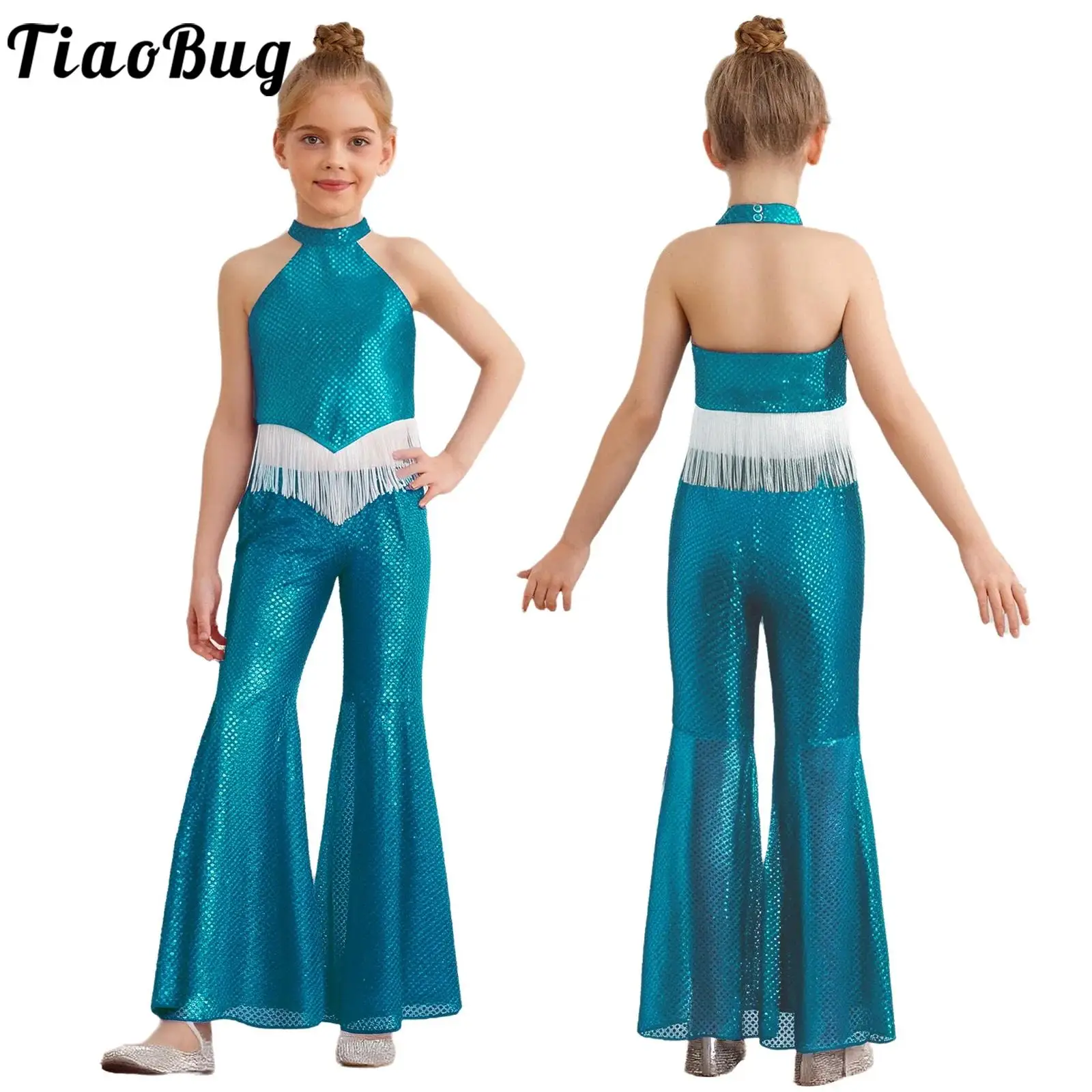 Kids Girls Sparkly Sequins Jazz Cha-cha Tango Dance Costume Disco Dancewear Halter Sleeveless Crop Top with Bell-Bottom Pants
Kids Girls Sparkly Sequins Jazz Cha-cha Tango Dance Costume Disco Dancewear Halter Sleeveless Crop Top with Bell-Bottom Pants
