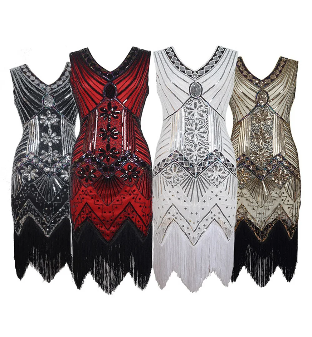 1920s Vintage Sequin Beaded V-neck Sleeveless Tassel Dress Women's Great Gatsby Party Dress
1920s Vintage Sequin Beaded V-neck Sleeveless Tassel Dress Women's Great Gatsby Party Dress