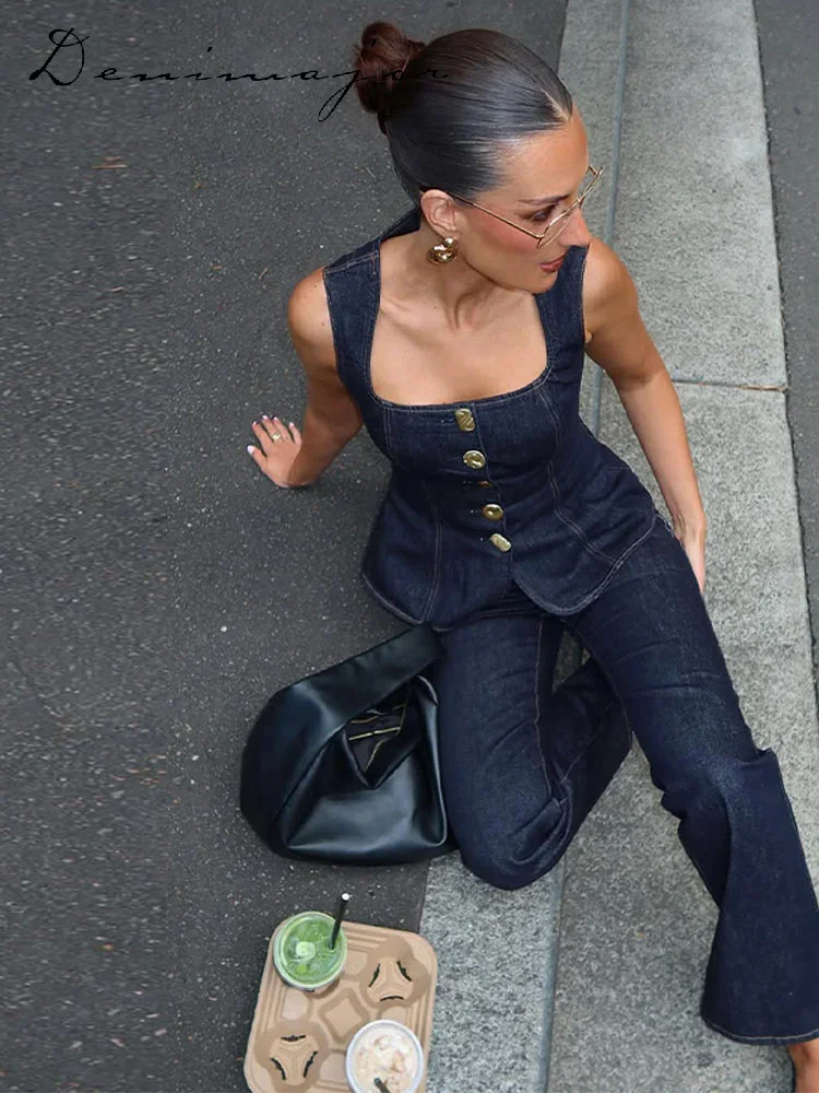 Street Denim Pants Set Women Sleeveless Single Breasted Slim Square Collar Tank High Waist Straight Jeans 2025 Summer Lady Suit
Street Denim Pants Set Women Sleeveless Single Breasted Slim Square Collar Tank High Waist Straight Jeans 2025 Summer Lady Suit