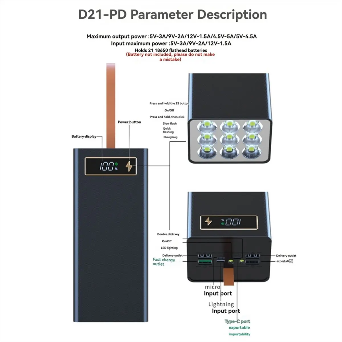 Persevering- Portable DIY Power Bank Case for 21x18650 Batteries Portable External Battery Box for Mobile Phone Charging D21
Persevering- Portable DIY Power Bank Case for 21x18650 Batteries Portable External Battery Box for Mobile Phone Charging D21