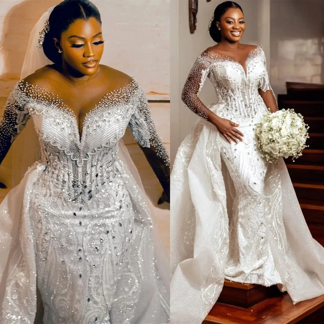Customized Arabic Plus Size Ivory Lace Mermaid Wedding Dresses Sheer Full Sleeves Rhinestones Beaded Detachable
Customized Arabic Plus Size Ivory Lace Mermaid Wedding Dresses Sheer Full Sleeves Rhinestones Beaded Detachable