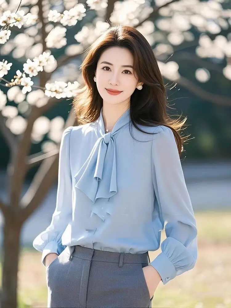 Unique Blue Chiffon Lantern Sleeve Shirt Women's Top Spring Fashion 2025 Sash Drifting Blouse Elegant Small Shirt
Unique Blue Chiffon Lantern Sleeve Shirt Women's Top Spring Fashion 2025 Sash Drifting Blouse Elegant Small Shirt