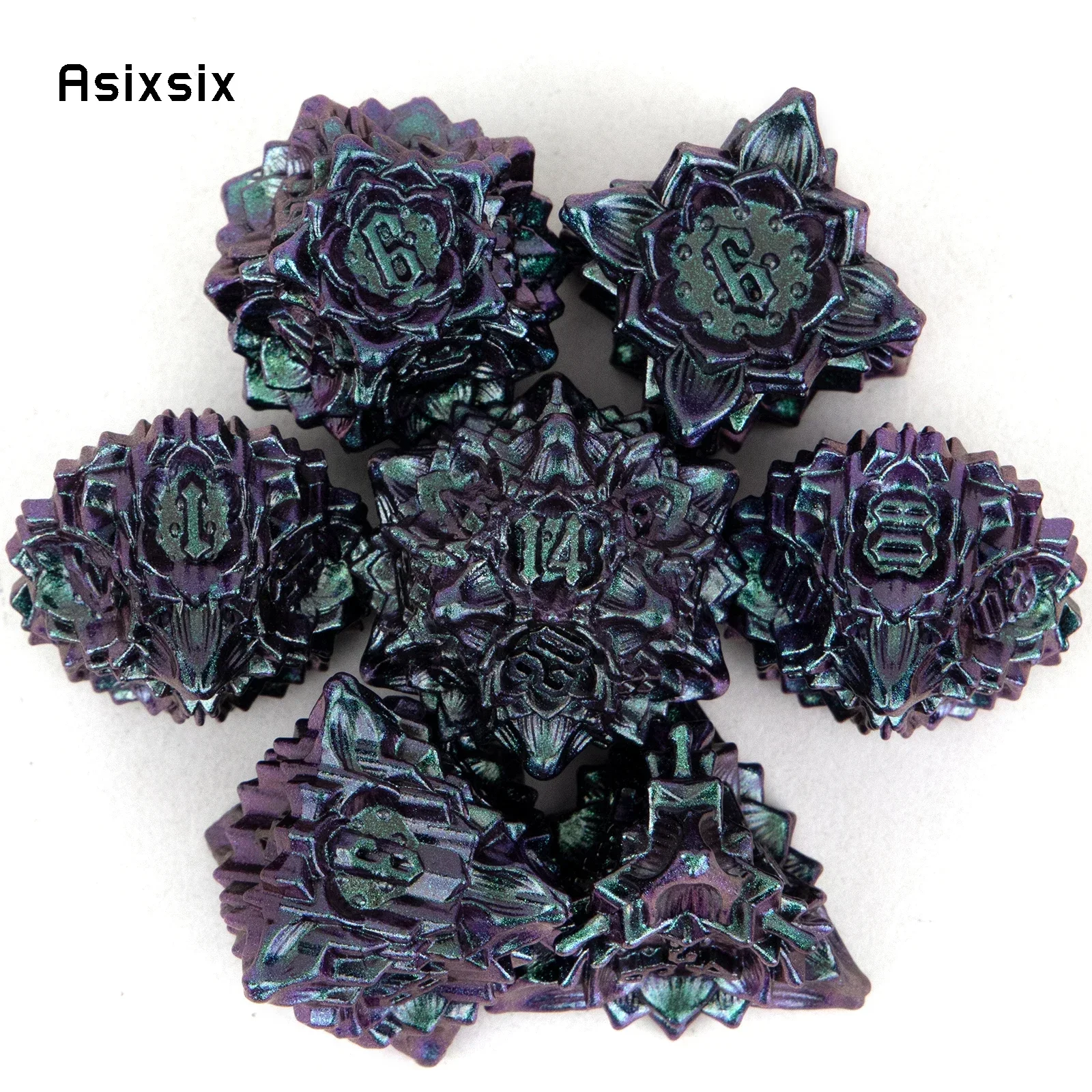 7 Pcs Purple Green Lotus Flower Metal Dice Solid Metal Polyhedral Dice Set Suitable For Role-Playing Game
7 Pcs Purple Green Lotus Flower Metal Dice Solid Metal Polyhedral Dice Set Suitable For Role-Playing Game