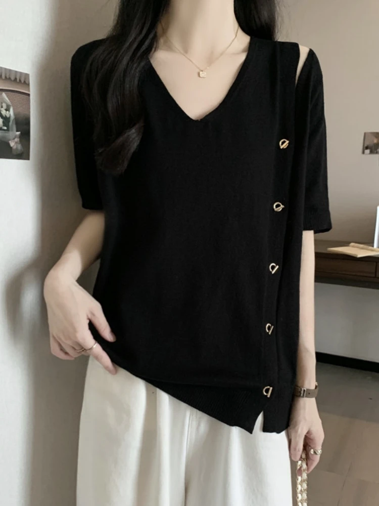 Slimming V-Neck Short Sleeve Ice Silk Knitted T-Shirt Women's Summer Large Size Base Shirt Exquisite Design Shoulder Bared Top
Slimming V-Neck Short Sleeve Ice Silk Knitted T-Shirt Women's Summer Large Size Base Shirt Exquisite Design Shoulder Bared Top