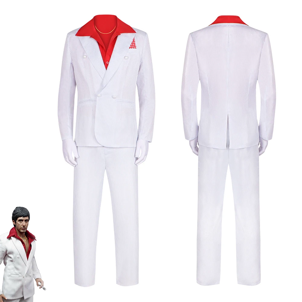 Inspired by Classic Film Tony Montana Cosplay Costume White Striped Suit with Red Shirt Halloween Role Play Outfit Accessories
Inspired by Classic Film Tony Montana Cosplay Costume White Striped Suit with Red Shirt Halloween Role Play Outfit Accessories