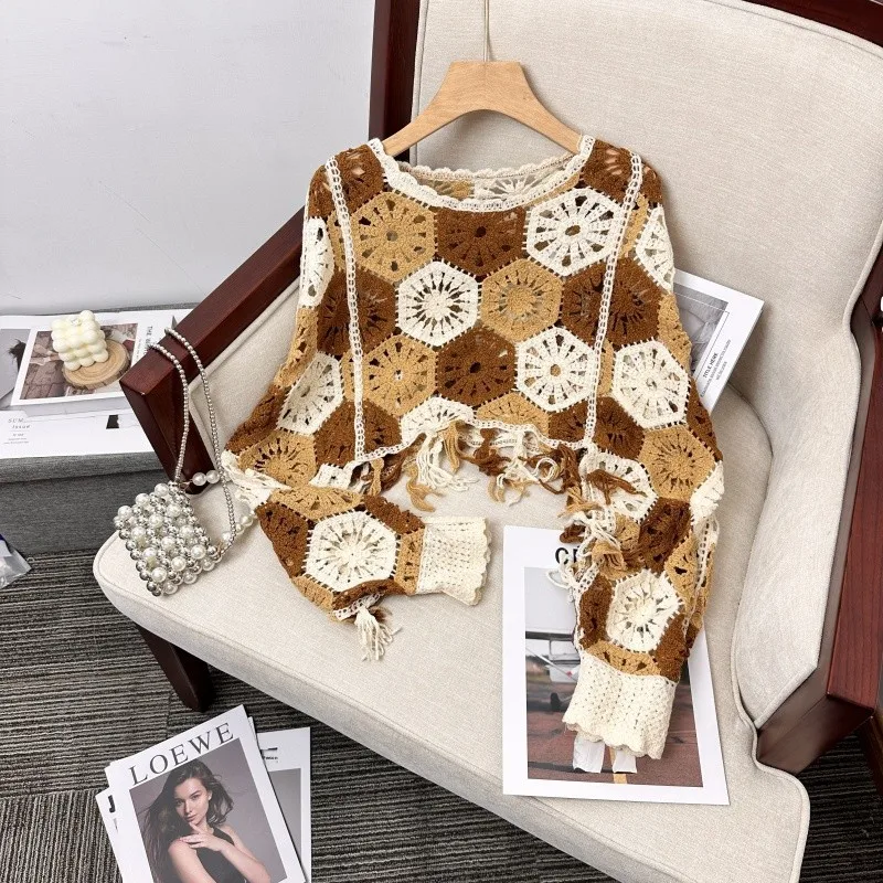 French Sle Knitted Long Sve Hollow out n Women's Outerwear Coat Casual Loose T Top with Crochet Design
French Sle Knitted Long Sve Hollow out n Women's Outerwear Coat Casual Loose T Top with Crochet Design