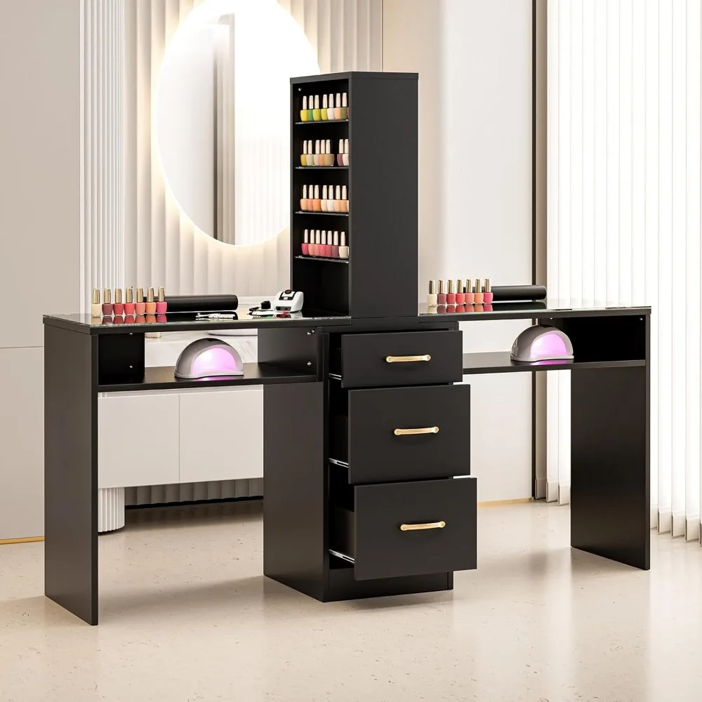 Double Manicure Table, Nail Desk for Nail Tech w/Glass Top & Wrist Rest, Nail Beauty Workstation w/3 Storage Drawers & 8-Tiers
Double Manicure Table, Nail Desk for Nail Tech w/Glass Top & Wrist Rest, Nail Beauty Workstation w/3 Storage Drawers & 8-Tiers