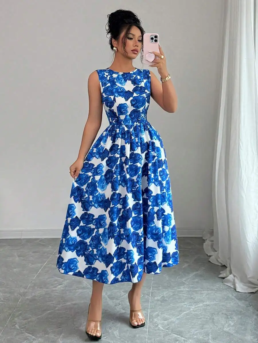 Women's Blue Floral Print Sleeveless A-Line Midi Dress
Women's Blue Floral Print Sleeveless A-Line Midi Dress