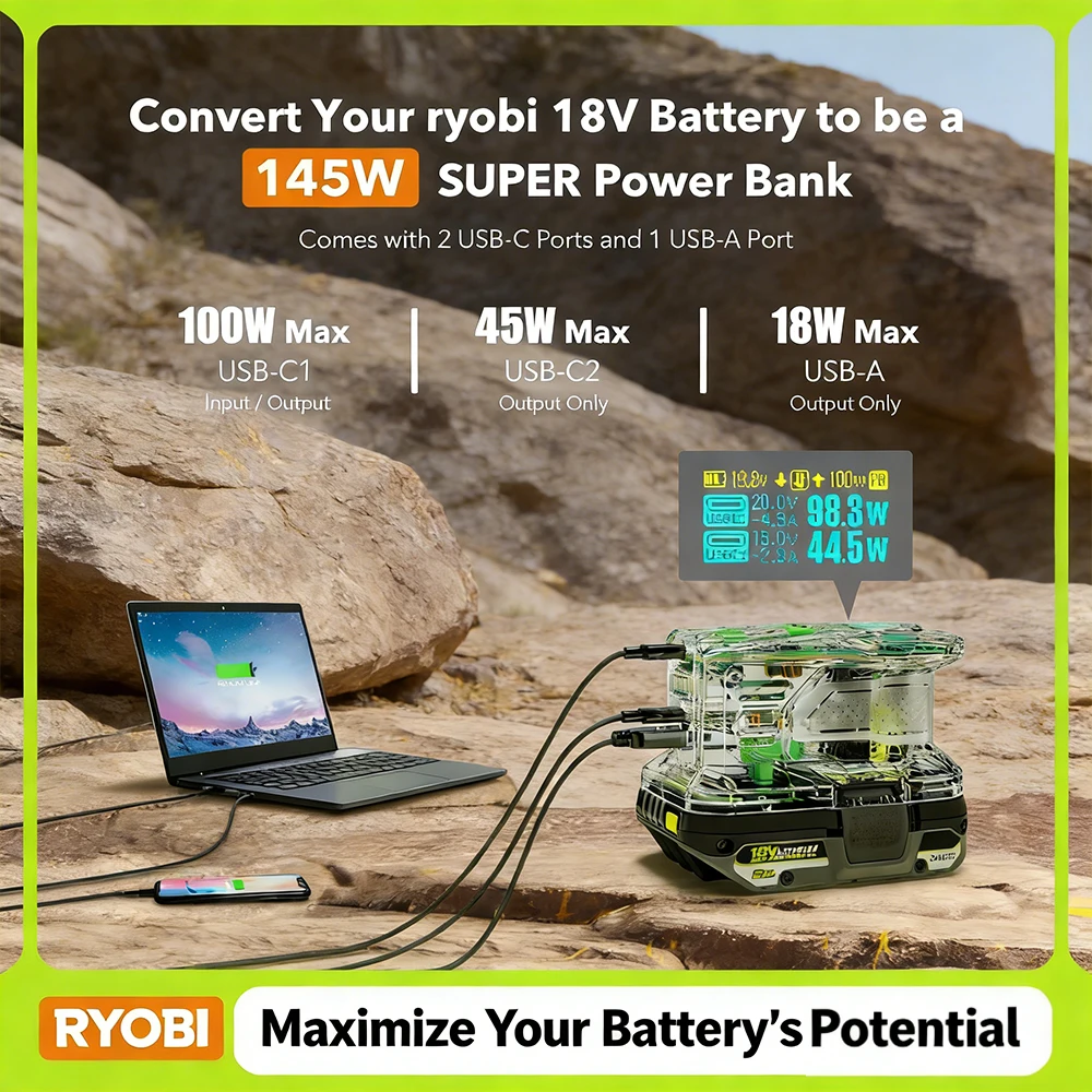 Portable Power Bank & 100W Fast Charger for RYOBI 18V ONE+ Lithium Battery, Dual USB Two-Way Charging for Tools Phones
Portable Power Bank & 100W Fast Charger for RYOBI 18V ONE+ Lithium Battery, Dual USB Two-Way Charging for Tools Phones