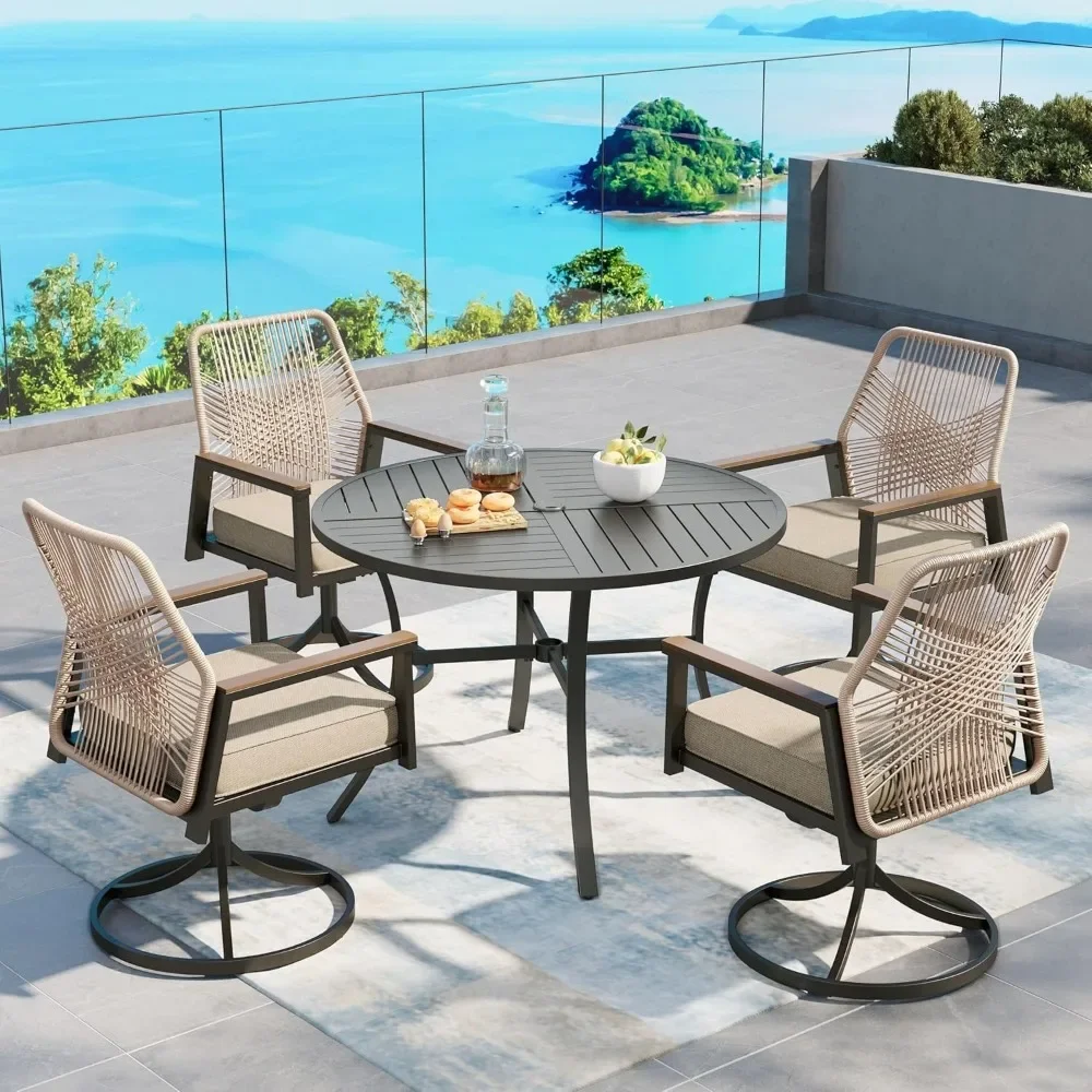 Patio Dining Set 5 Piece, 4 x Woven Rattan Swivel Chairs with Waterproof Cushion, 42” Metal Round Dining Table
Patio Dining Set 5 Piece, 4 x Woven Rattan Swivel Chairs with Waterproof Cushion, 42” Metal Round Dining Table