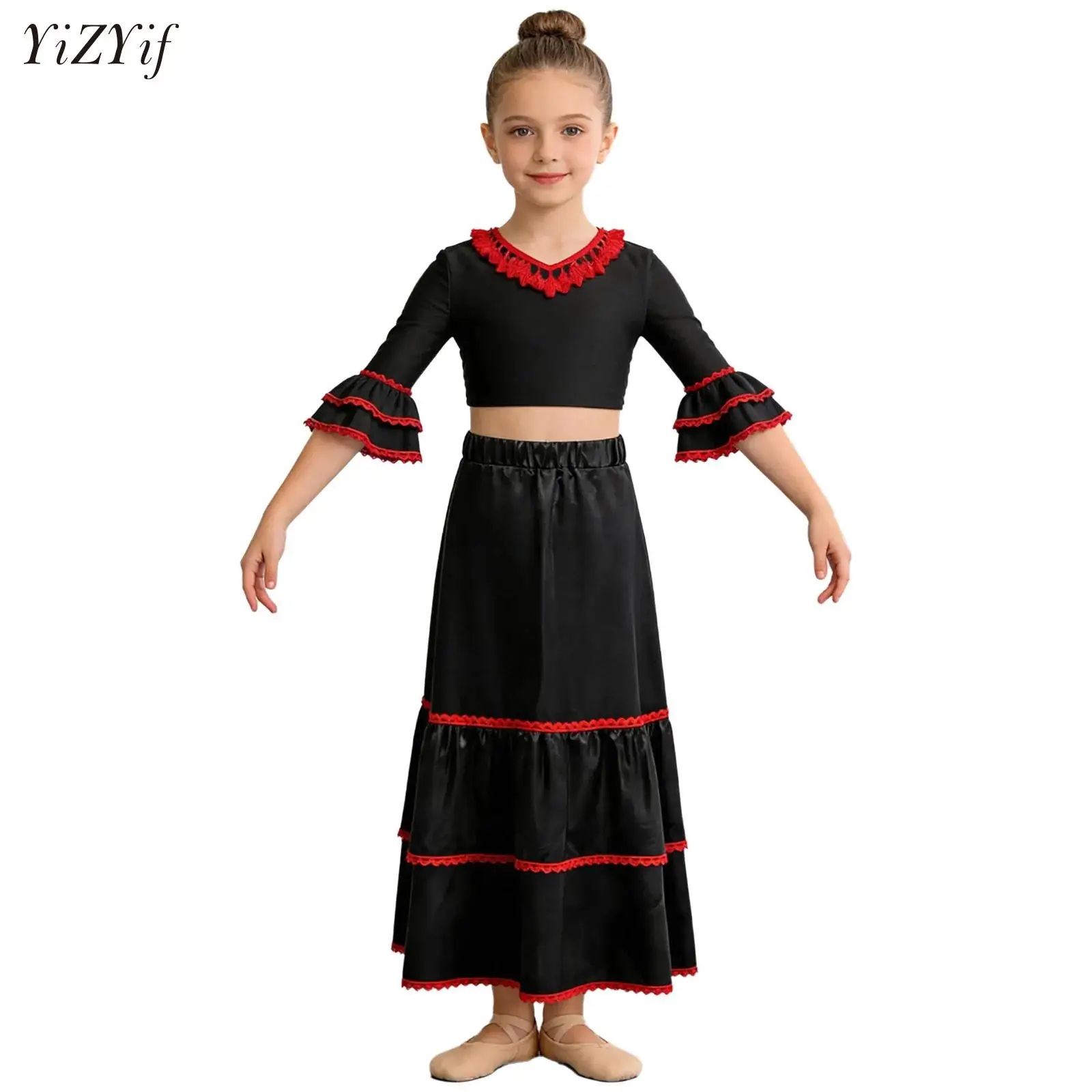 Kids Girls Spanish Flamenco Outfit Ruffle Sleeve Crop Top+Satin Gypsy Skirt Carnival Party Ballroom Belly Dance Festival Wear
Kids Girls Spanish Flamenco Outfit Ruffle Sleeve Crop Top+Satin Gypsy Skirt Carnival Party Ballroom Belly Dance Festival Wear