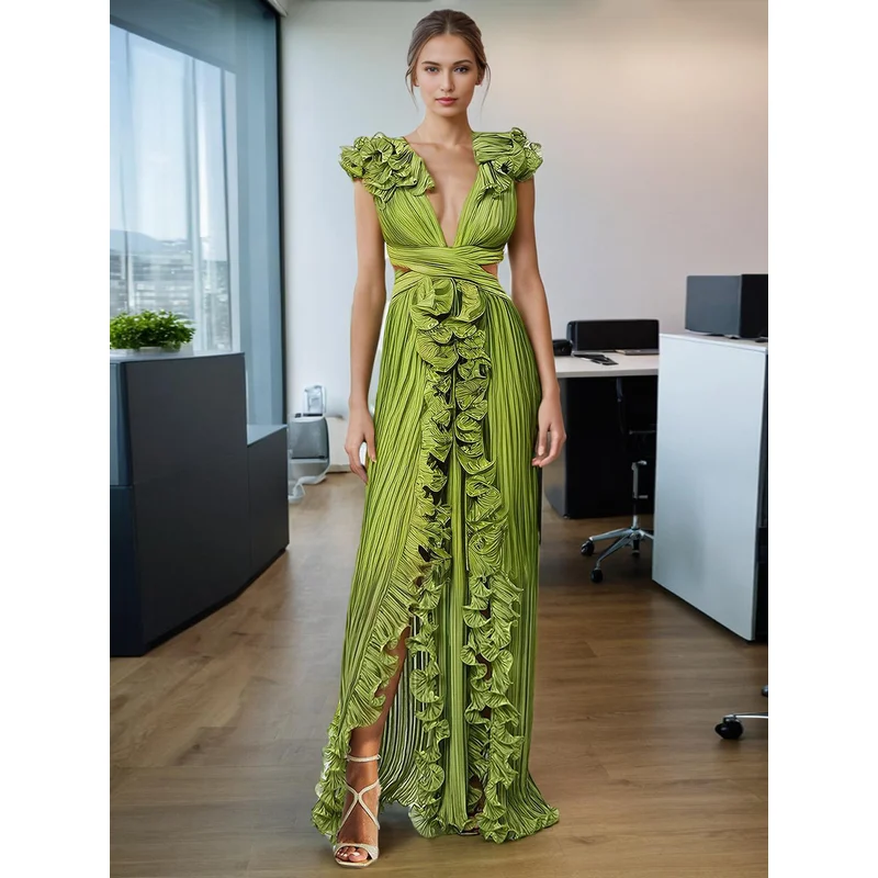 2025 New Style Deep V Sexy High Waist Slit Ruffled Sleevelss Party Prom Dress With Pleated Collar And Earrings
2025 New Style Deep V Sexy High Waist Slit Ruffled Sleevelss Party Prom Dress With Pleated Collar And Earrings