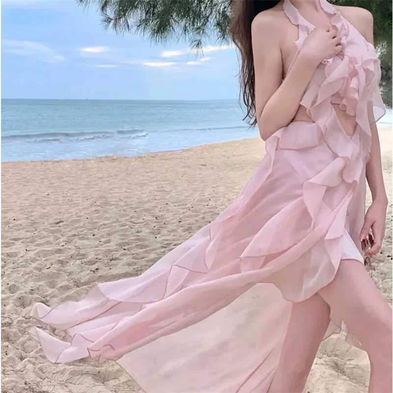 Summer Fashion Pink Irregular Split Holiday Dress Women Ruffles Long Halter Hollow Out Off Shoulder Backless Beach Fairy Dress
Summer Fashion Pink Irregular Split Holiday Dress Women Ruffles Long Halter Hollow Out Off Shoulder Backless Beach Fairy Dress
