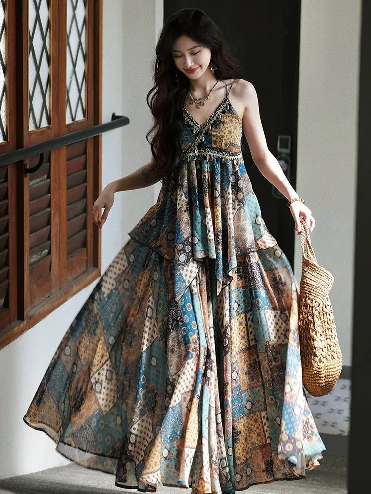 Vacation-style halter print ethnic high-waisted skirt comfortable long
Vacation-style halter print ethnic high-waisted skirt comfortable long
