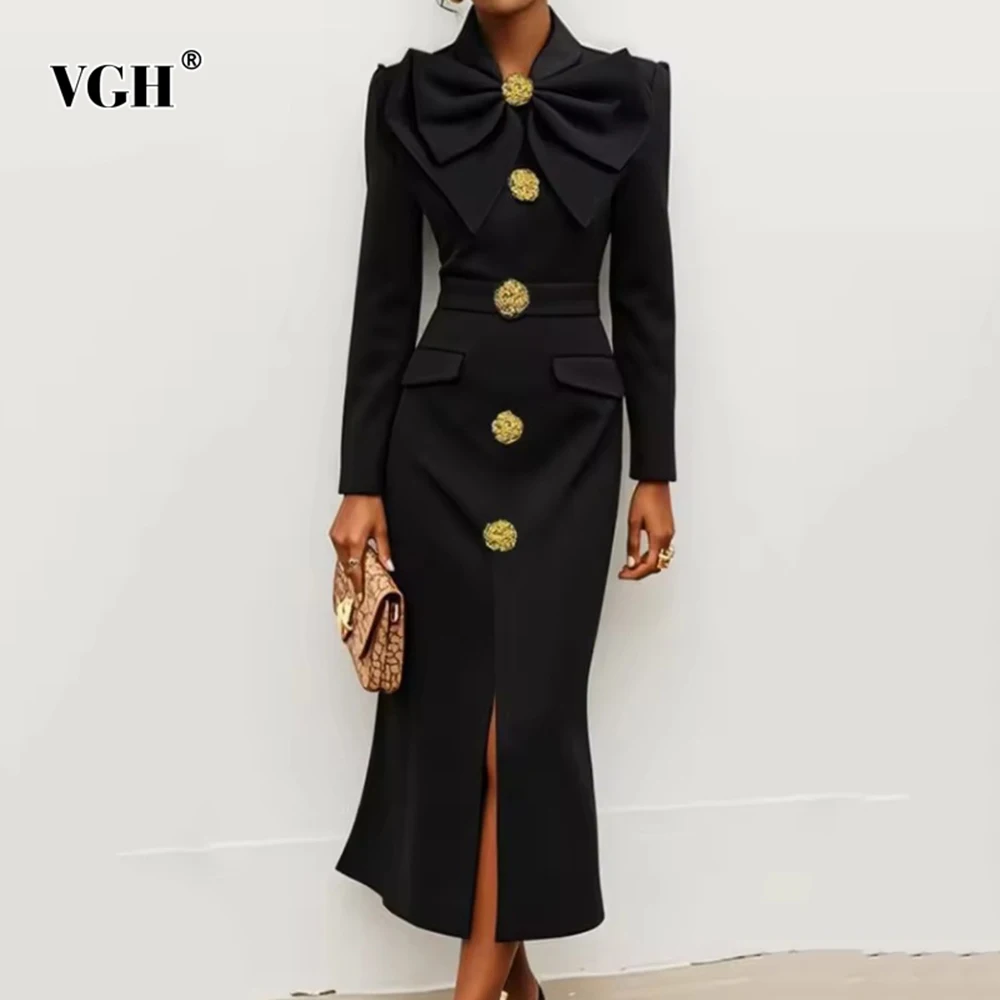 VGH Solid Temperament Spliced Bowknot Slim Dresses For Women Round Neck Long Sleeve High Waist Elegant Dress Female Fashion New
VGH Solid Temperament Spliced Bowknot Slim Dresses For Women Round Neck Long Sleeve High Waist Elegant Dress Female Fashion New