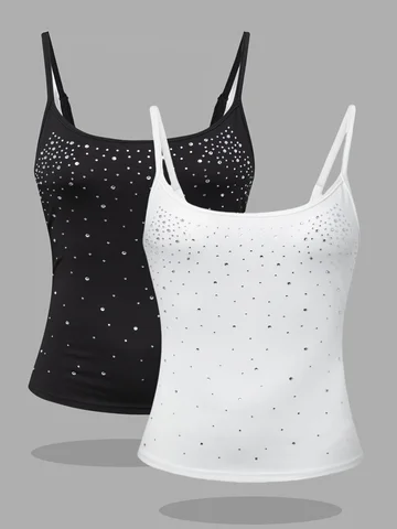 Plus Size Women's Shiny Rhinestone Cami Top Slim Fit Sleeveless Sparkly Glitter Tank Top for Party